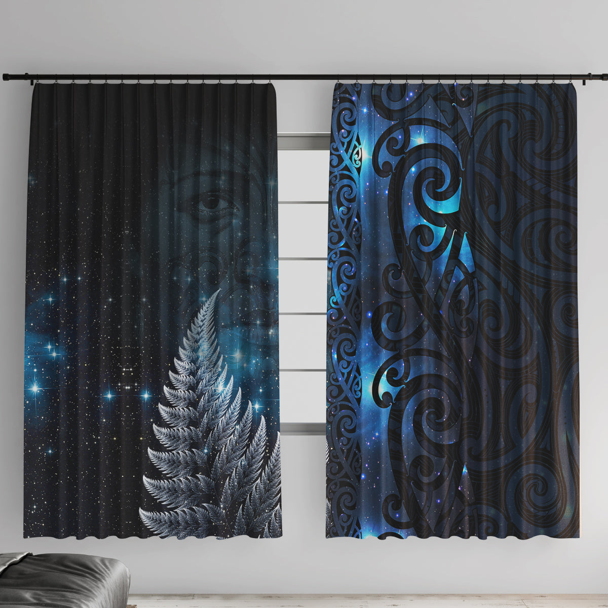 New Zealand Matariki Window Curtain The Tribal Maori Face and Silver Fern LT03 With Hooks Blue - Polynesian Pride