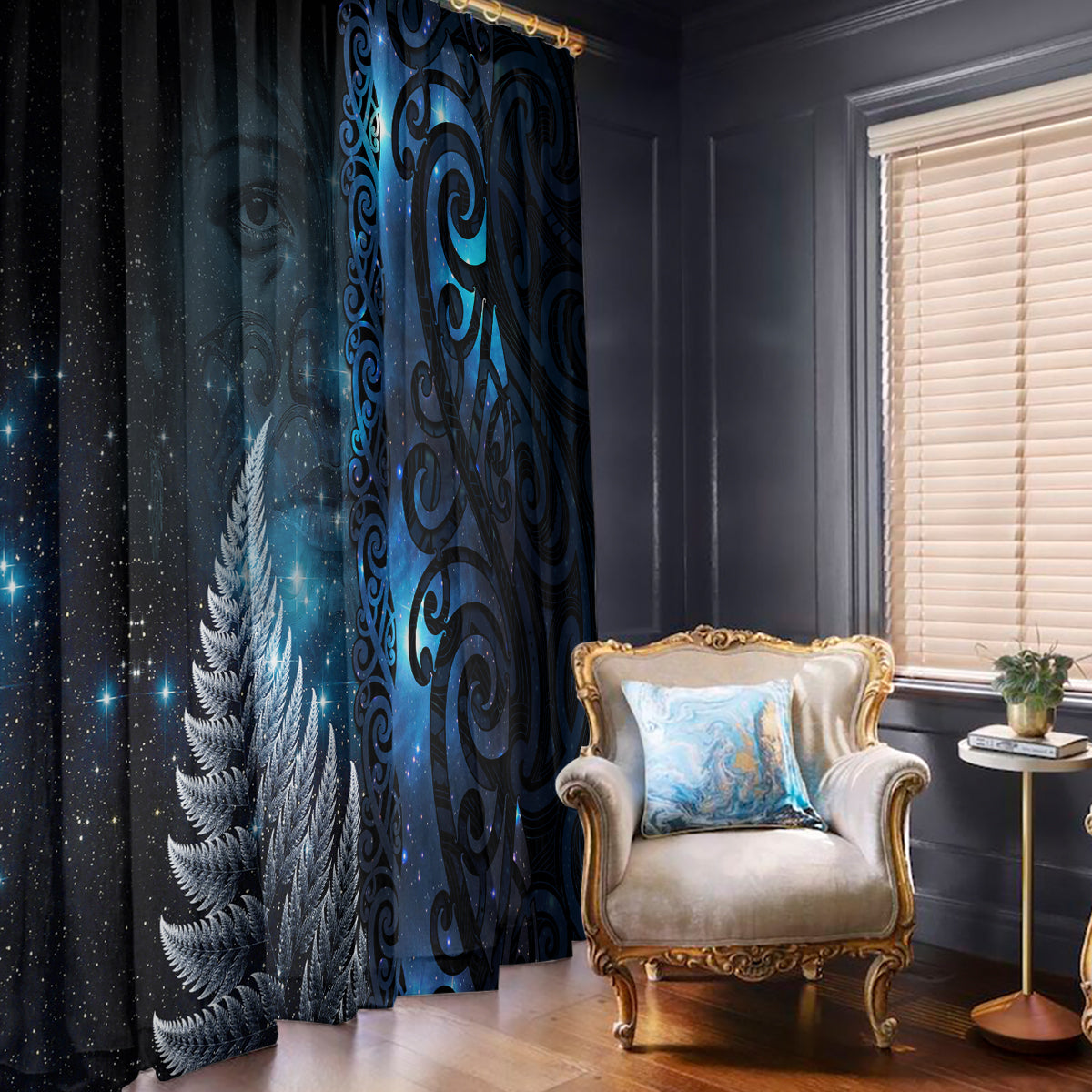 New Zealand Matariki Window Curtain The Tribal Maori Face and Silver Fern LT03 - Polynesian Pride