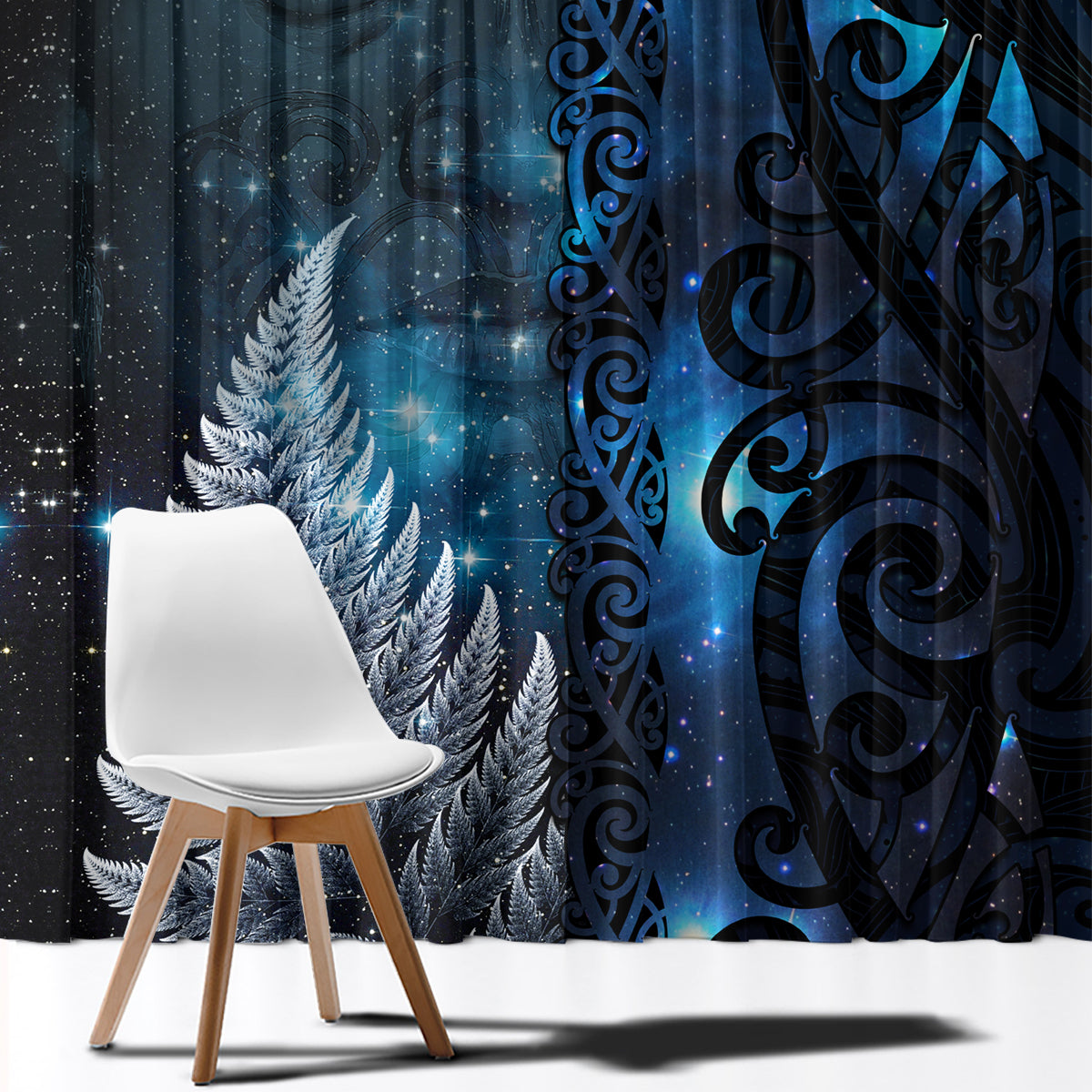 New Zealand Matariki Window Curtain The Tribal Maori Face and Silver Fern LT03 - Polynesian Pride