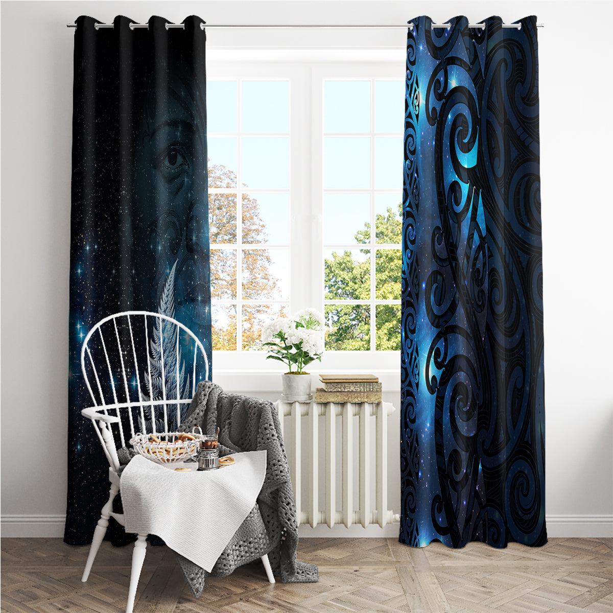 New Zealand Matariki Window Curtain The Tribal Maori Face and Silver Fern LT03 - Polynesian Pride
