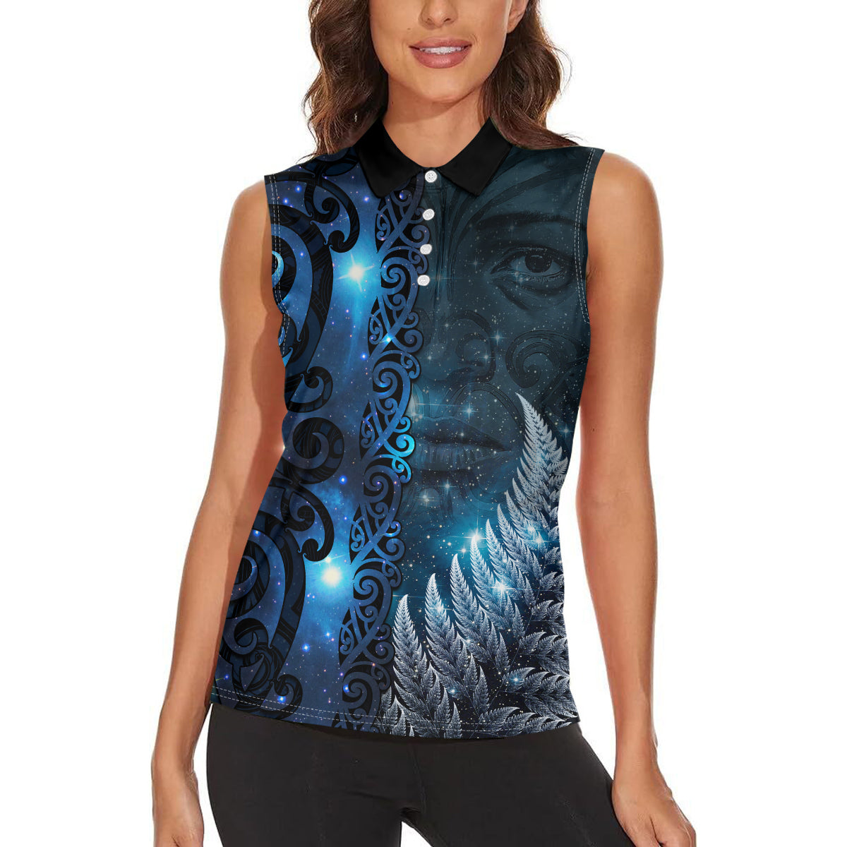 New Zealand Matariki Women Sleeveless Polo Shirt The Tribal Maori Face and Silver Fern LT03 - Polynesian Pride