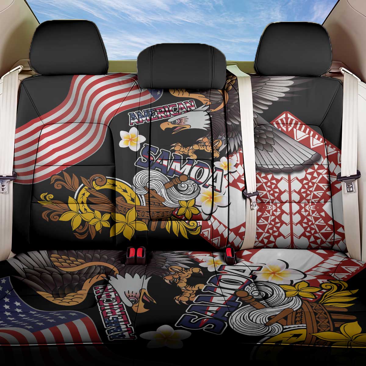 United States and American Samoa Together Back Car Seat Cover Bald Eagle and Polynesian Traditional Culture with Plumeria LT03 One Size Black - Polynesian Pride