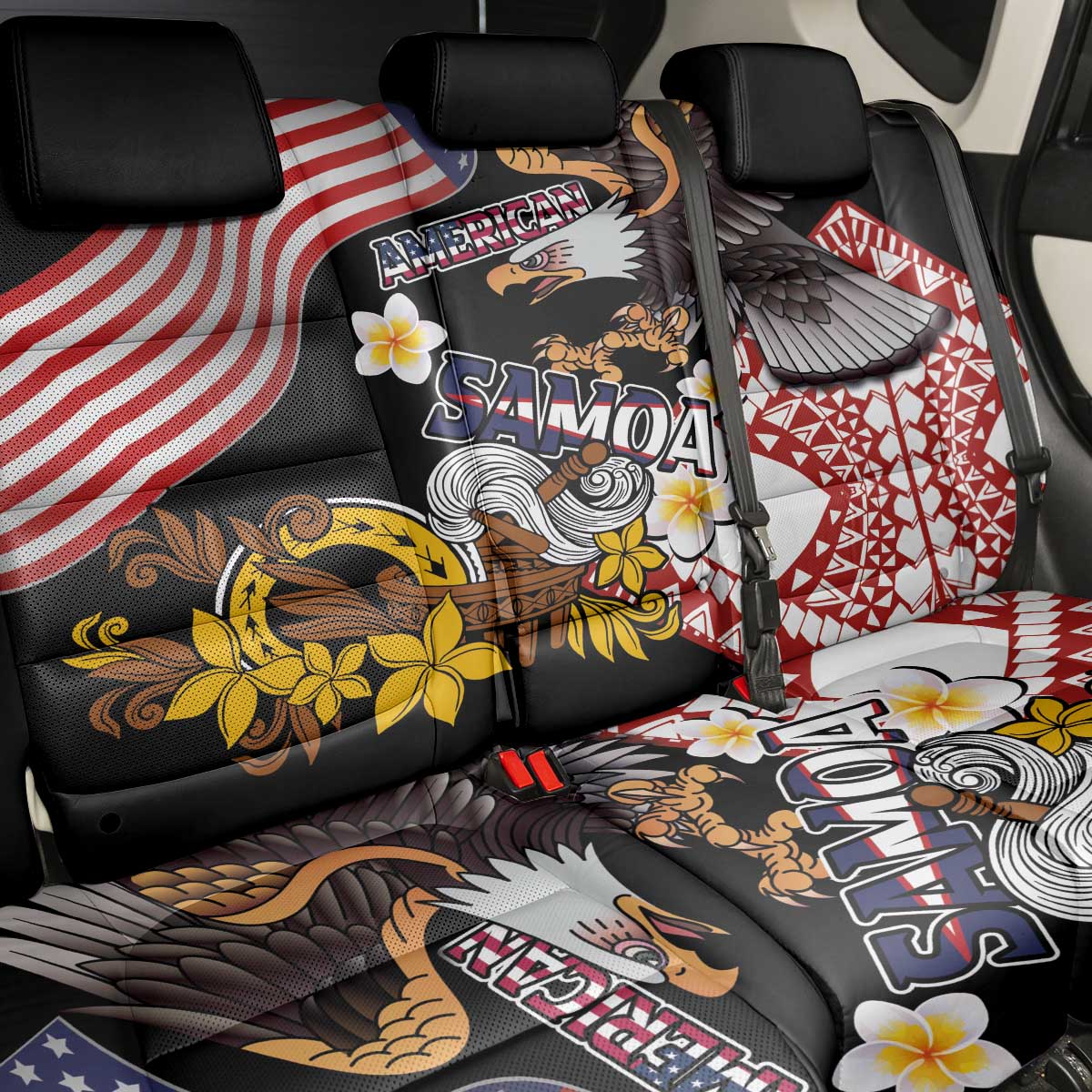 United States and American Samoa Together Back Car Seat Cover Bald Eagle and Polynesian Traditional Culture with Plumeria LT03 - Polynesian Pride