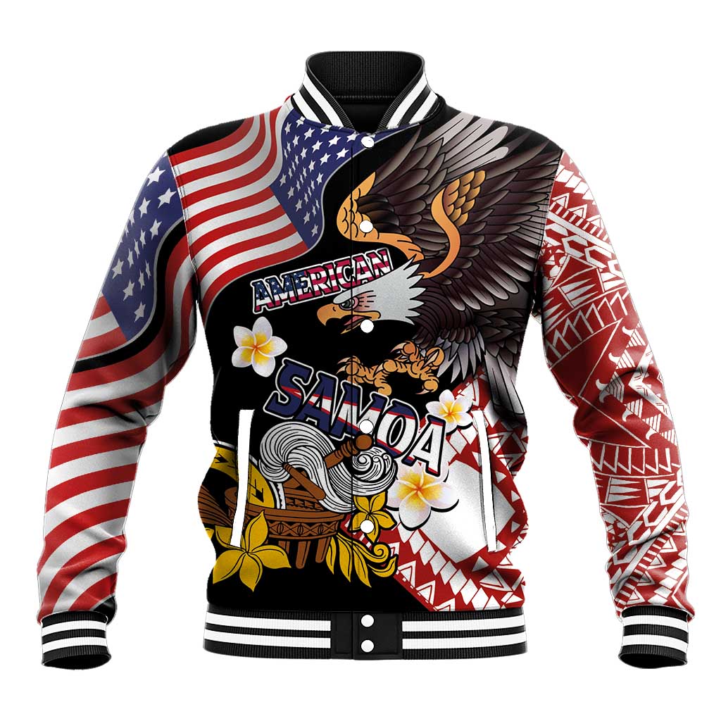 United States and American Samoa Together Baseball Jacket Bald Eagle and Polynesian Traditional Culture with Plumeria LT03 Unisex Black - Polynesian Pride