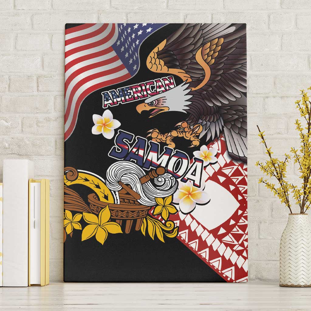 United States and American Samoa Together Canvas Wall Art Bald Eagle and Polynesian Traditional Culture with Plumeria LT03 Without Frame Black - Polynesian Pride