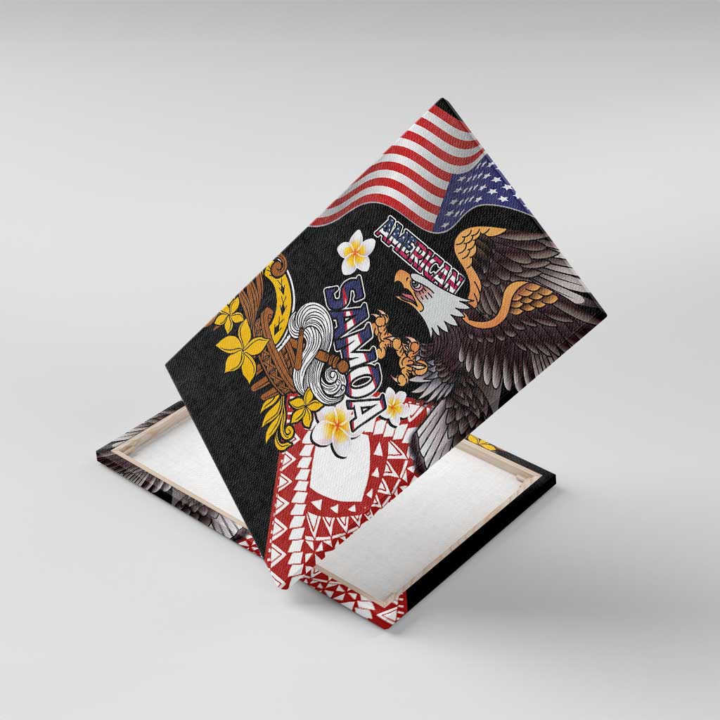 United States and American Samoa Together Canvas Wall Art Bald Eagle and Polynesian Traditional Culture with Plumeria LT03 With Frame Black - Polynesian Pride