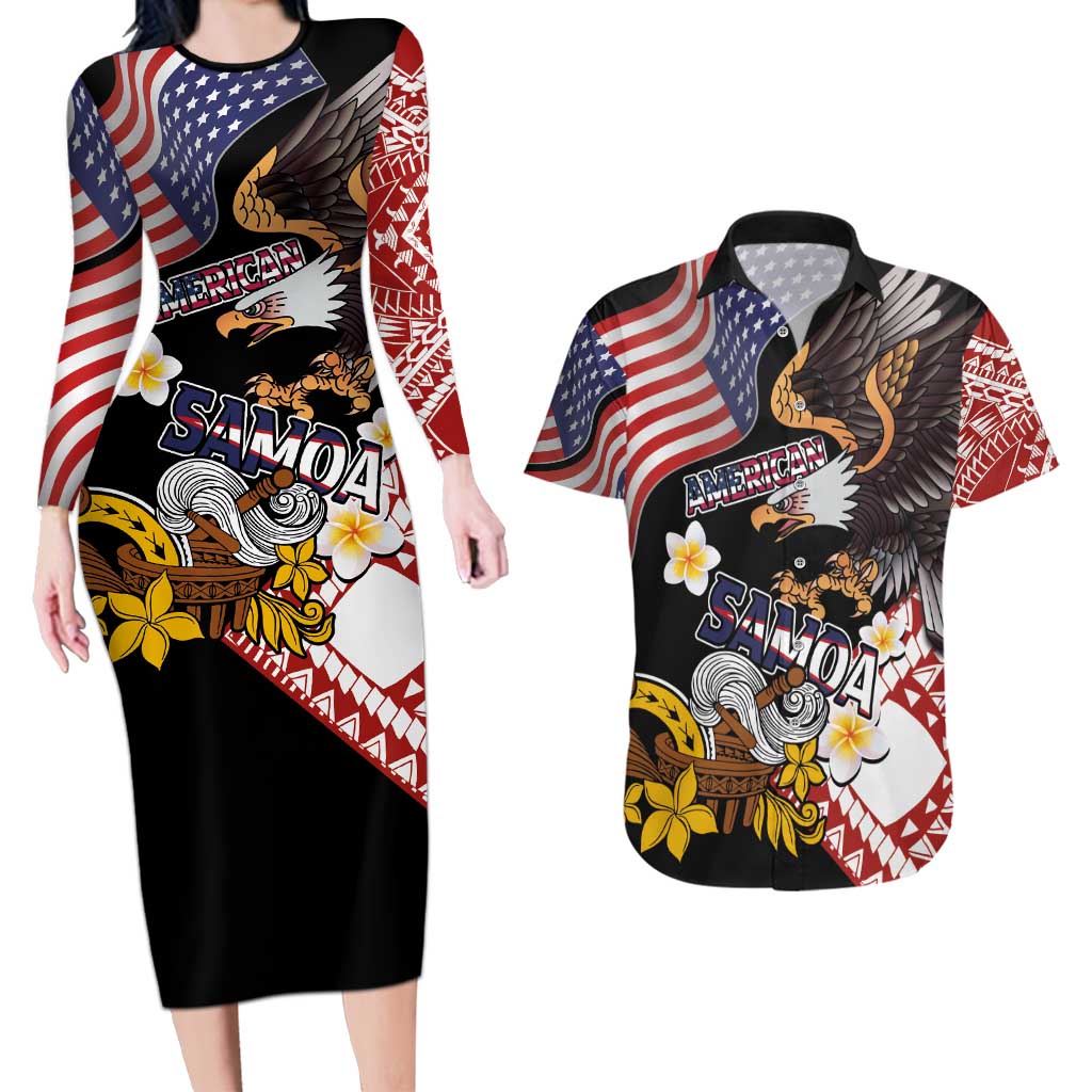 United States and American Samoa Together Couples Matching Long Sleeve Bodycon Dress and Hawaiian Shirt Bald Eagle and Polynesian Traditional Culture with Plumeria LT03 Black - Polynesian Pride