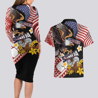 United States and American Samoa Together Couples Matching Long Sleeve Bodycon Dress and Hawaiian Shirt Bald Eagle and Polynesian Traditional Culture with Plumeria LT03 - Polynesian Pride