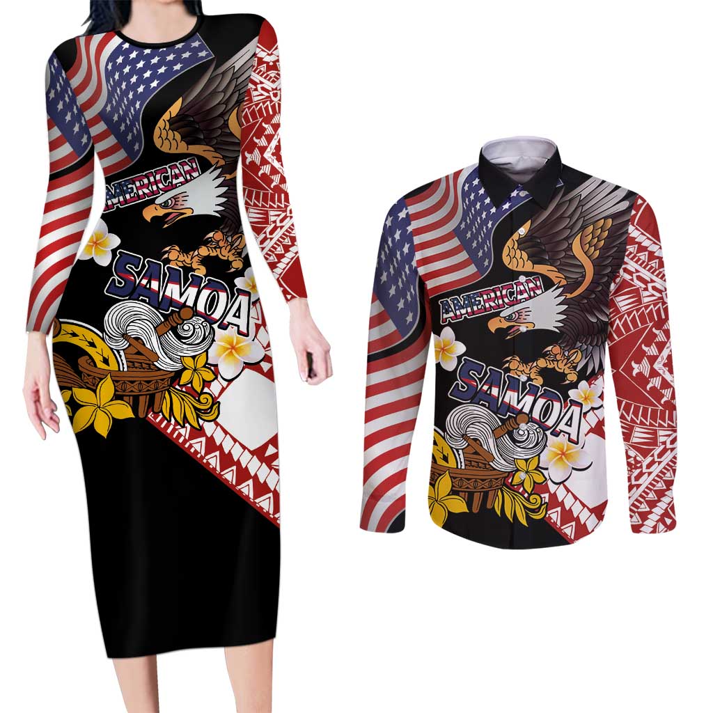 United States and American Samoa Together Couples Matching Long Sleeve Bodycon Dress and Long Sleeve Button Shirt Bald Eagle and Polynesian Traditional Culture with Plumeria LT03 Black - Polynesian Pride