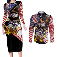 United States and American Samoa Together Couples Matching Long Sleeve Bodycon Dress and Long Sleeve Button Shirt Bald Eagle and Polynesian Traditional Culture with Plumeria LT03 Black - Polynesian Pride
