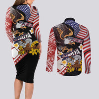 United States and American Samoa Together Couples Matching Long Sleeve Bodycon Dress and Long Sleeve Button Shirt Bald Eagle and Polynesian Traditional Culture with Plumeria LT03 - Polynesian Pride