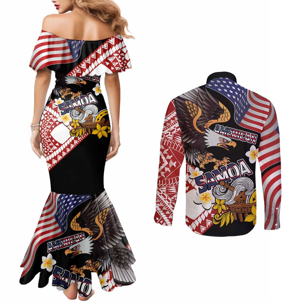 United States and American Samoa Together Couples Matching Mermaid Dress and Long Sleeve Button Shirt Bald Eagle and Polynesian Traditional Culture with Plumeria LT03 - Polynesian Pride