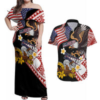 United States and American Samoa Together Couples Matching Off Shoulder Maxi Dress and Hawaiian Shirt Bald Eagle and Polynesian Traditional Culture with Plumeria LT03 Black - Polynesian Pride