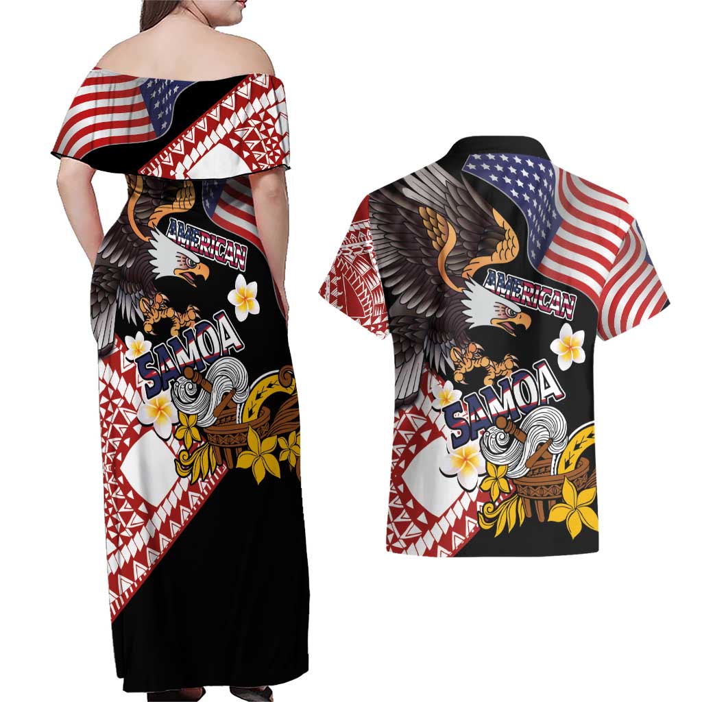 United States and American Samoa Together Couples Matching Off Shoulder Maxi Dress and Hawaiian Shirt Bald Eagle and Polynesian Traditional Culture with Plumeria LT03 - Polynesian Pride