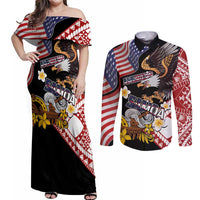 United States and American Samoa Together Couples Matching Off Shoulder Maxi Dress and Long Sleeve Button Shirt Bald Eagle and Polynesian Traditional Culture with Plumeria LT03 Black - Polynesian Pride