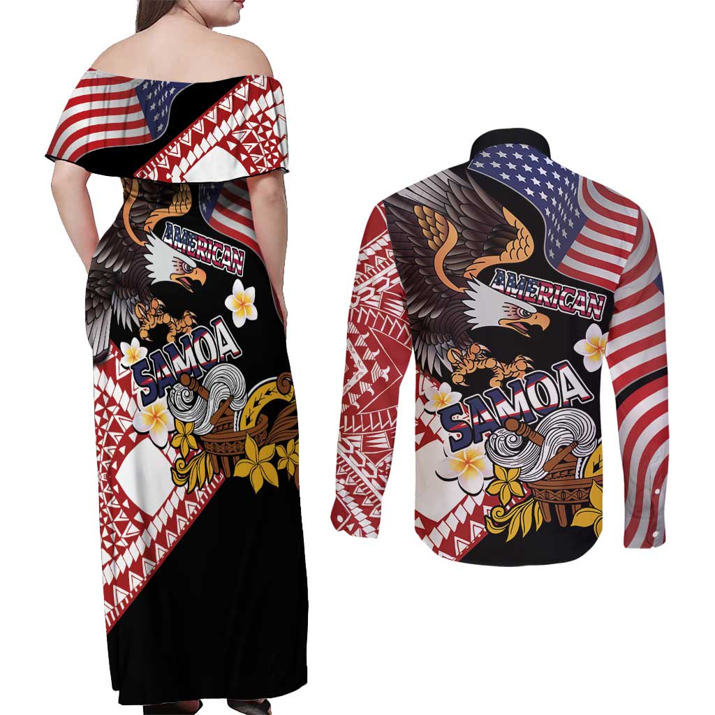 United States and American Samoa Together Couples Matching Off Shoulder Maxi Dress and Long Sleeve Button Shirt Bald Eagle and Polynesian Traditional Culture with Plumeria LT03 - Polynesian Pride