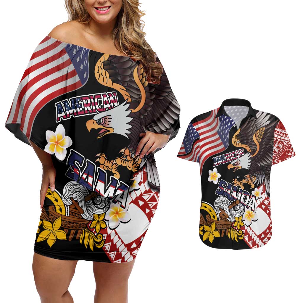 United States and American Samoa Together Couples Matching Off Shoulder Short Dress and Hawaiian Shirt Bald Eagle and Polynesian Traditional Culture with Plumeria LT03 Black - Polynesian Pride