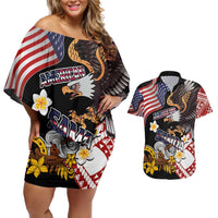 United States and American Samoa Together Couples Matching Off Shoulder Short Dress and Hawaiian Shirt Bald Eagle and Polynesian Traditional Culture with Plumeria LT03 Black - Polynesian Pride