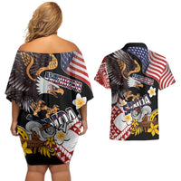 United States and American Samoa Together Couples Matching Off Shoulder Short Dress and Hawaiian Shirt Bald Eagle and Polynesian Traditional Culture with Plumeria LT03 - Polynesian Pride