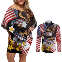 United States and American Samoa Together Couples Matching Off Shoulder Short Dress and Long Sleeve Button Shirt Bald Eagle and Polynesian Traditional Culture with Plumeria LT03 Black - Polynesian Pride