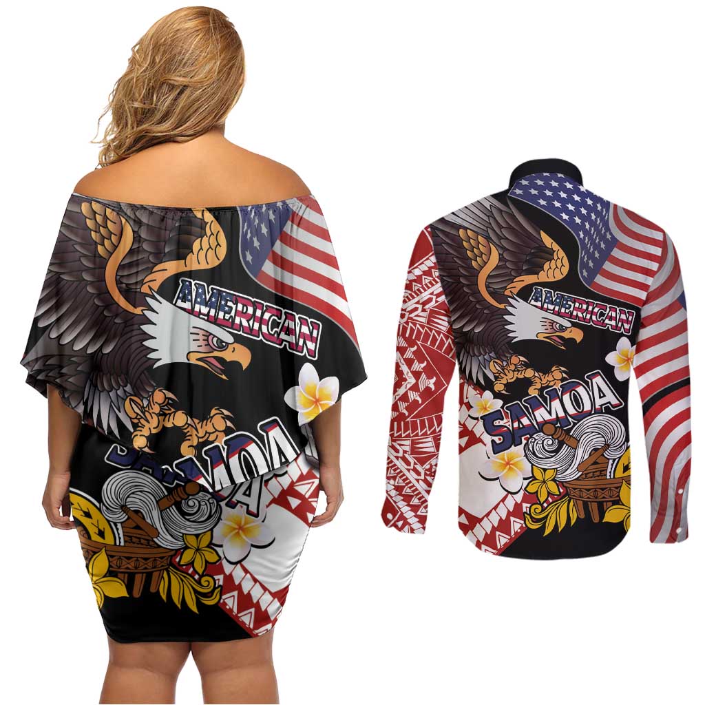 United States and American Samoa Together Couples Matching Off Shoulder Short Dress and Long Sleeve Button Shirt Bald Eagle and Polynesian Traditional Culture with Plumeria LT03 - Polynesian Pride
