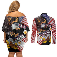 United States and American Samoa Together Couples Matching Off Shoulder Short Dress and Long Sleeve Button Shirt Bald Eagle and Polynesian Traditional Culture with Plumeria LT03 - Polynesian Pride