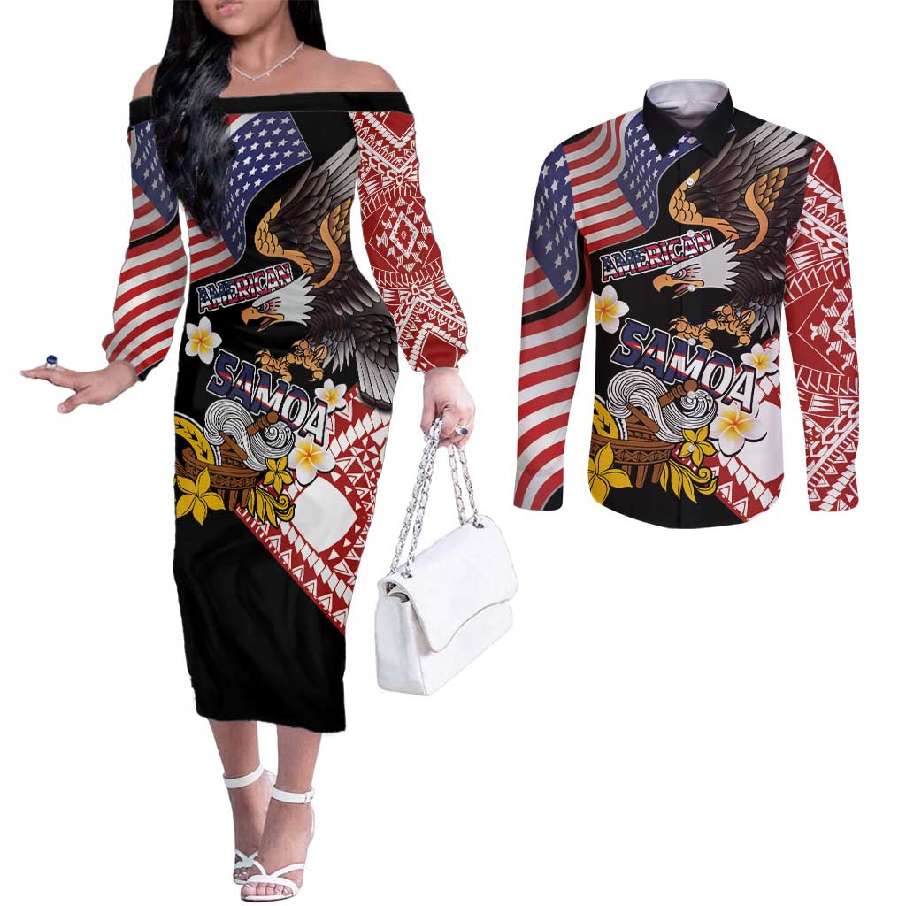 United States and American Samoa Together Couples Matching Off The Shoulder Long Sleeve Dress and Long Sleeve Button Shirt Bald Eagle and Polynesian Traditional Culture with Plumeria LT03 Black - Polynesian Pride