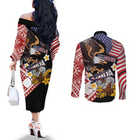 United States and American Samoa Together Couples Matching Off The Shoulder Long Sleeve Dress and Long Sleeve Button Shirt Bald Eagle and Polynesian Traditional Culture with Plumeria LT03 - Polynesian Pride