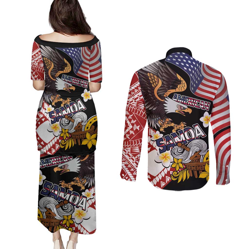 United States and American Samoa Together Couples Matching Puletasi and Long Sleeve Button Shirt Bald Eagle and Polynesian Traditional Culture with Plumeria LT03 - Polynesian Pride