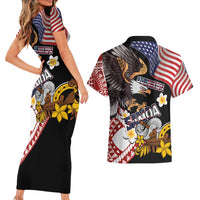 United States and American Samoa Together Couples Matching Short Sleeve Bodycon Dress and Hawaiian Shirt Bald Eagle and Polynesian Traditional Culture with Plumeria LT03 - Polynesian Pride