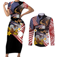 United States and American Samoa Together Couples Matching Short Sleeve Bodycon Dress and Long Sleeve Button Shirt Bald Eagle and Polynesian Traditional Culture with Plumeria LT03 Black - Polynesian Pride