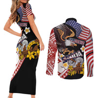 United States and American Samoa Together Couples Matching Short Sleeve Bodycon Dress and Long Sleeve Button Shirt Bald Eagle and Polynesian Traditional Culture with Plumeria LT03 - Polynesian Pride