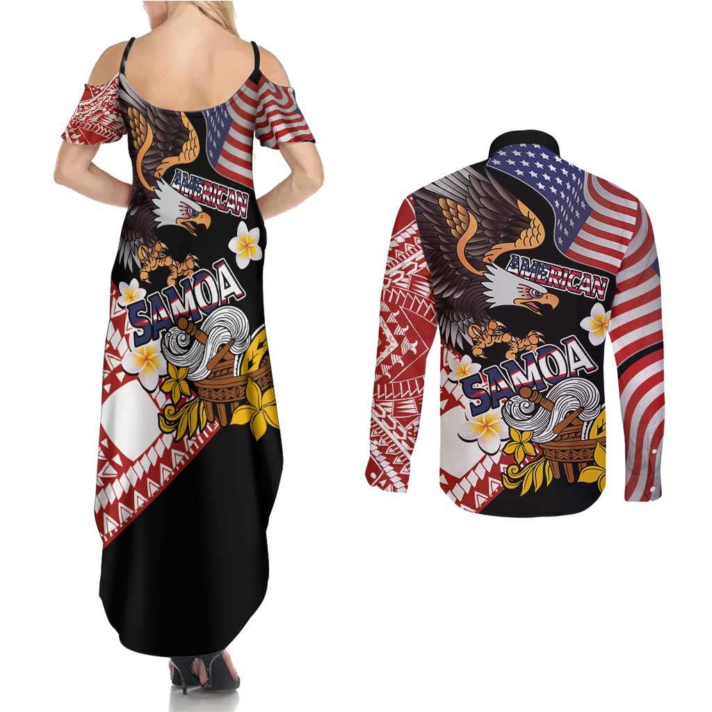 United States and American Samoa Together Couples Matching Summer Maxi Dress and Long Sleeve Button Shirt Bald Eagle and Polynesian Traditional Culture with Plumeria LT03 - Polynesian Pride
