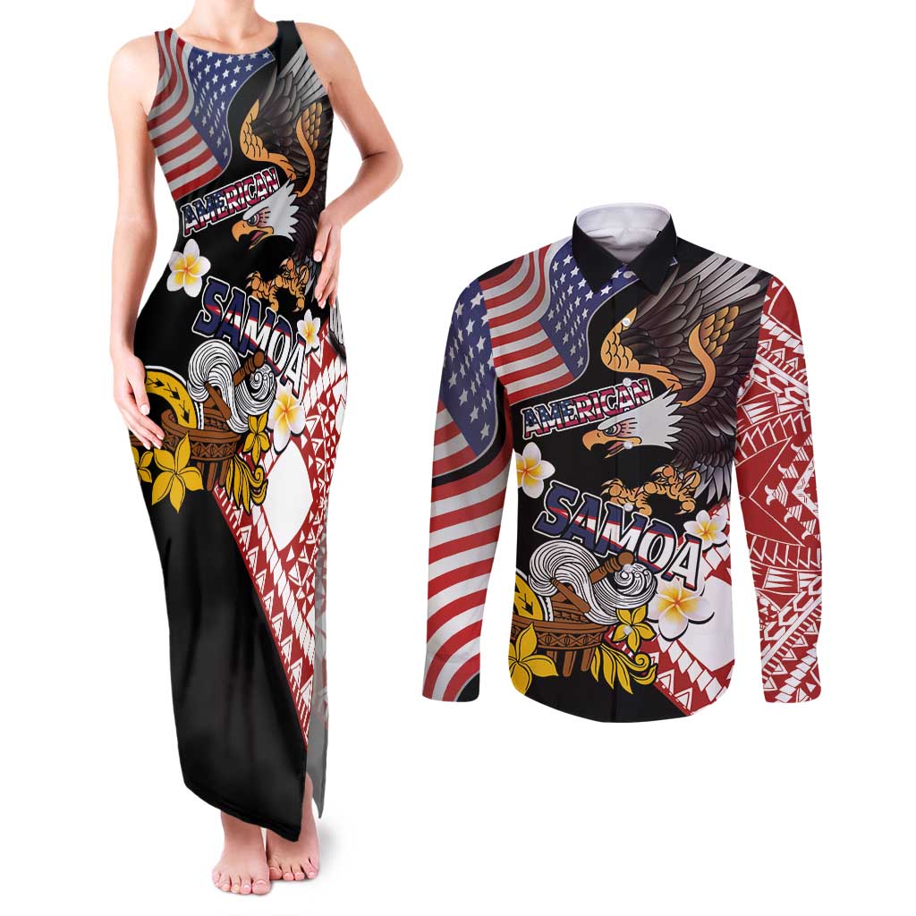 United States and American Samoa Together Couples Matching Tank Maxi Dress and Long Sleeve Button Shirt Bald Eagle and Polynesian Traditional Culture with Plumeria LT03 Black - Polynesian Pride