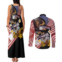 United States and American Samoa Together Couples Matching Tank Maxi Dress and Long Sleeve Button Shirt Bald Eagle and Polynesian Traditional Culture with Plumeria LT03 - Polynesian Pride