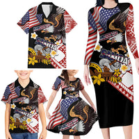 United States and American Samoa Together Family Matching Long Sleeve Bodycon Dress and Hawaiian Shirt Bald Eagle and Polynesian Traditional Culture with Plumeria LT03 - Polynesian Pride