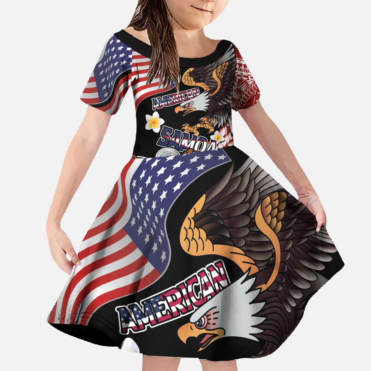 United States and American Samoa Together Family Matching Off The Shoulder Long Sleeve Dress and Hawaiian Shirt Bald Eagle and Polynesian Traditional Culture with Plumeria LT03 Daughter's Dress Black - Polynesian Pride