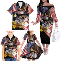 United States and American Samoa Together Family Matching Off The Shoulder Long Sleeve Dress and Hawaiian Shirt Bald Eagle and Polynesian Traditional Culture with Plumeria LT03 - Polynesian Pride