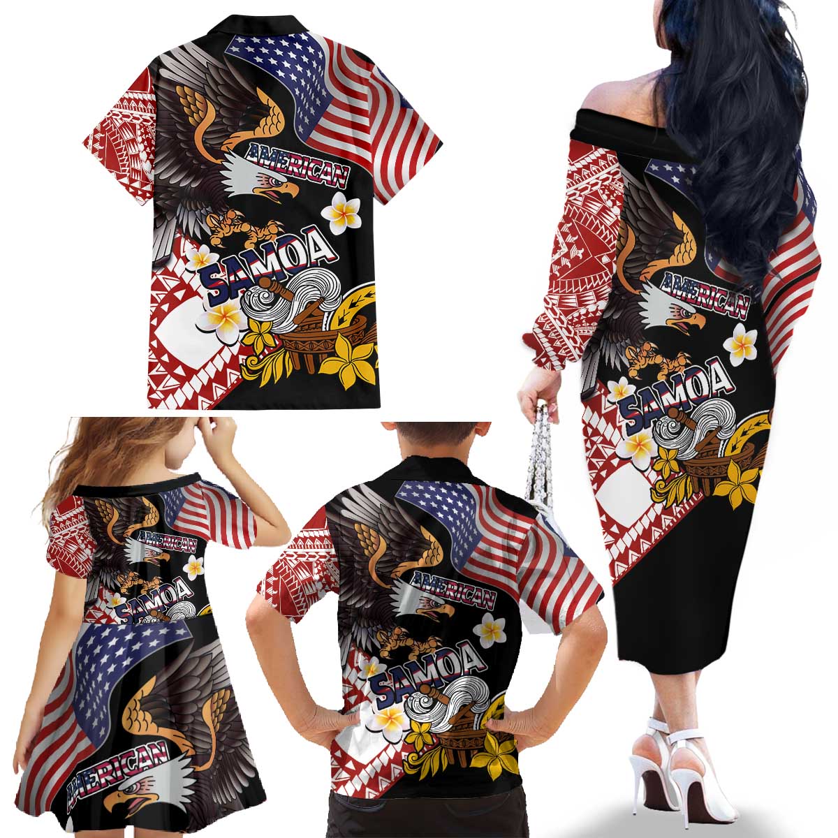 United States and American Samoa Together Family Matching Off The Shoulder Long Sleeve Dress and Hawaiian Shirt Bald Eagle and Polynesian Traditional Culture with Plumeria LT03 - Polynesian Pride