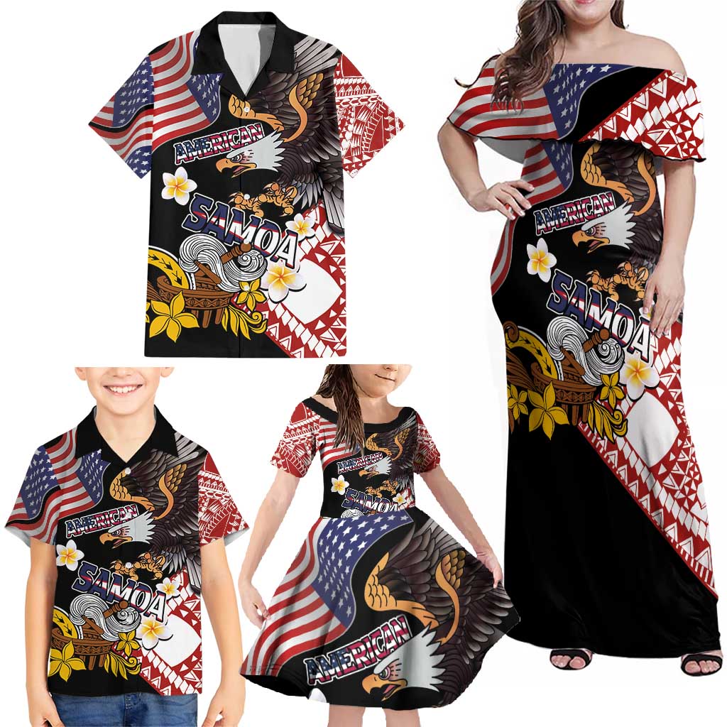 United States and American Samoa Together Family Matching Off Shoulder Maxi Dress and Hawaiian Shirt Bald Eagle and Polynesian Traditional Culture with Plumeria LT03 - Polynesian Pride