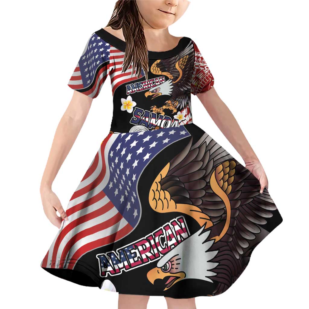 United States and American Samoa Together Family Matching Off Shoulder Short Dress and Hawaiian Shirt Bald Eagle and Polynesian Traditional Culture with Plumeria LT03 Daughter's Dress Black - Polynesian Pride