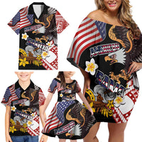 United States and American Samoa Together Family Matching Off Shoulder Short Dress and Hawaiian Shirt Bald Eagle and Polynesian Traditional Culture with Plumeria LT03 - Polynesian Pride
