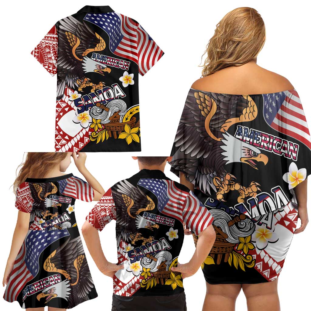 United States and American Samoa Together Family Matching Off Shoulder Short Dress and Hawaiian Shirt Bald Eagle and Polynesian Traditional Culture with Plumeria LT03 - Polynesian Pride