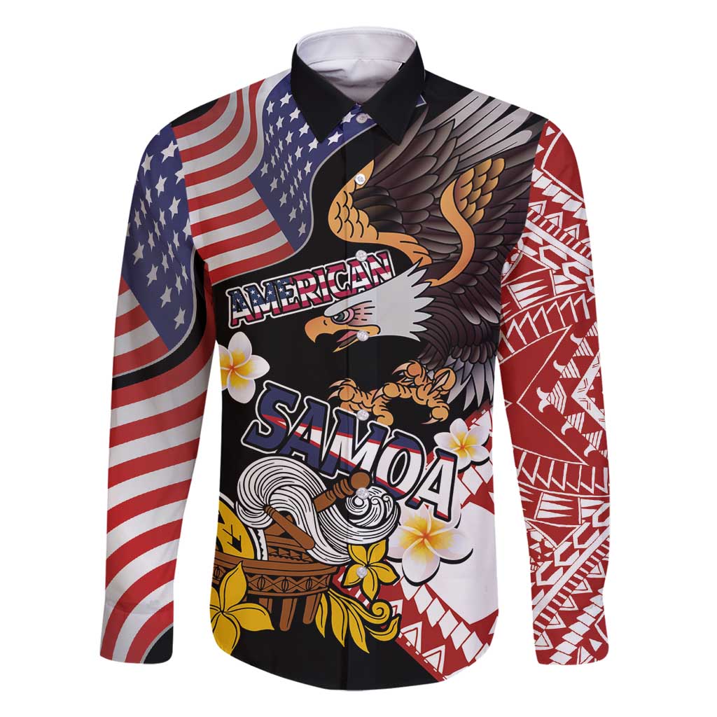 United States and American Samoa Together Family Matching Off Shoulder Short Dress and Hawaiian Shirt Bald Eagle and Polynesian Traditional Culture with Plumeria LT03 Dad's Shirt - Long Sleeve Black - Polynesian Pride
