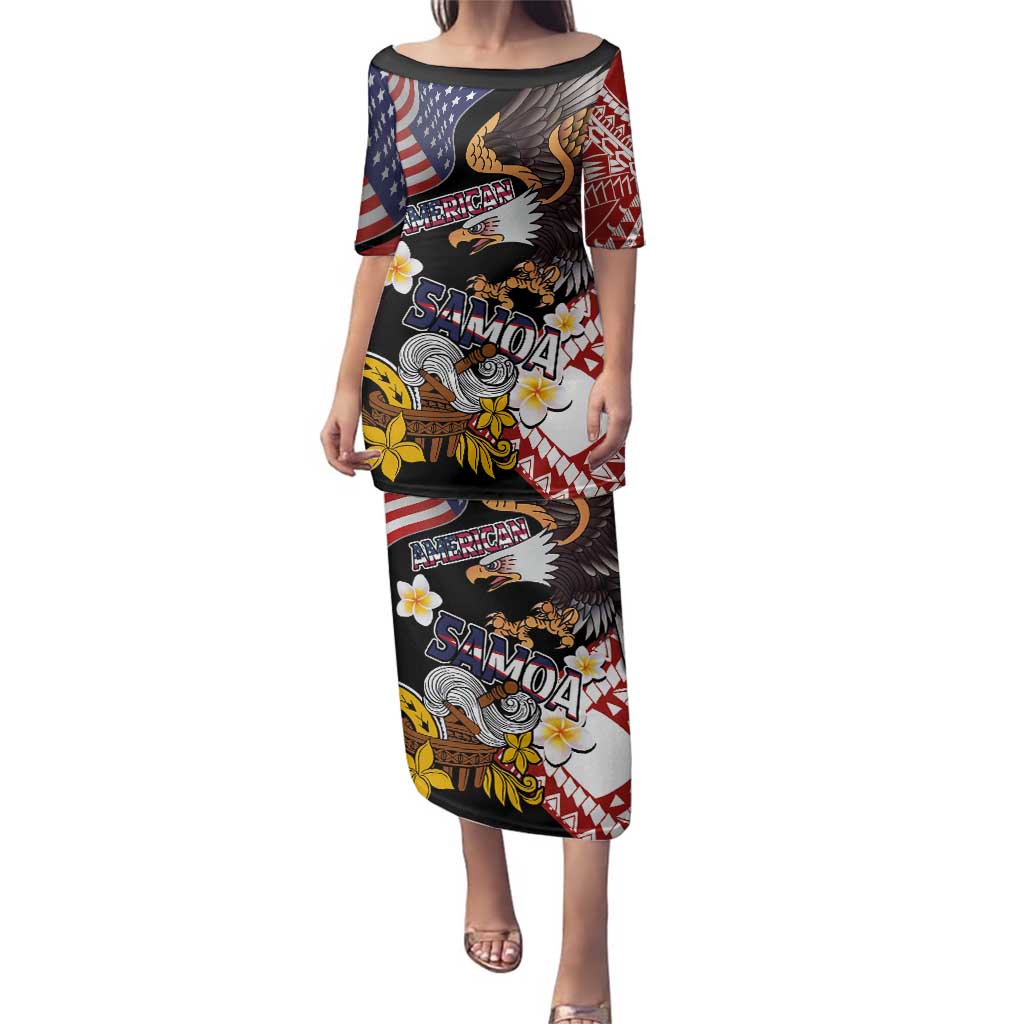 United States and American Samoa Together Family Matching Puletasi and Hawaiian Shirt Bald Eagle and Polynesian Traditional Culture with Plumeria LT03 Mom's Dress Black - Polynesian Pride