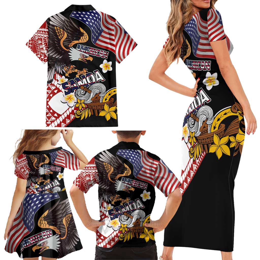 United States and American Samoa Together Family Matching Short Sleeve Bodycon Dress and Hawaiian Shirt Bald Eagle and Polynesian Traditional Culture with Plumeria LT03 - Polynesian Pride