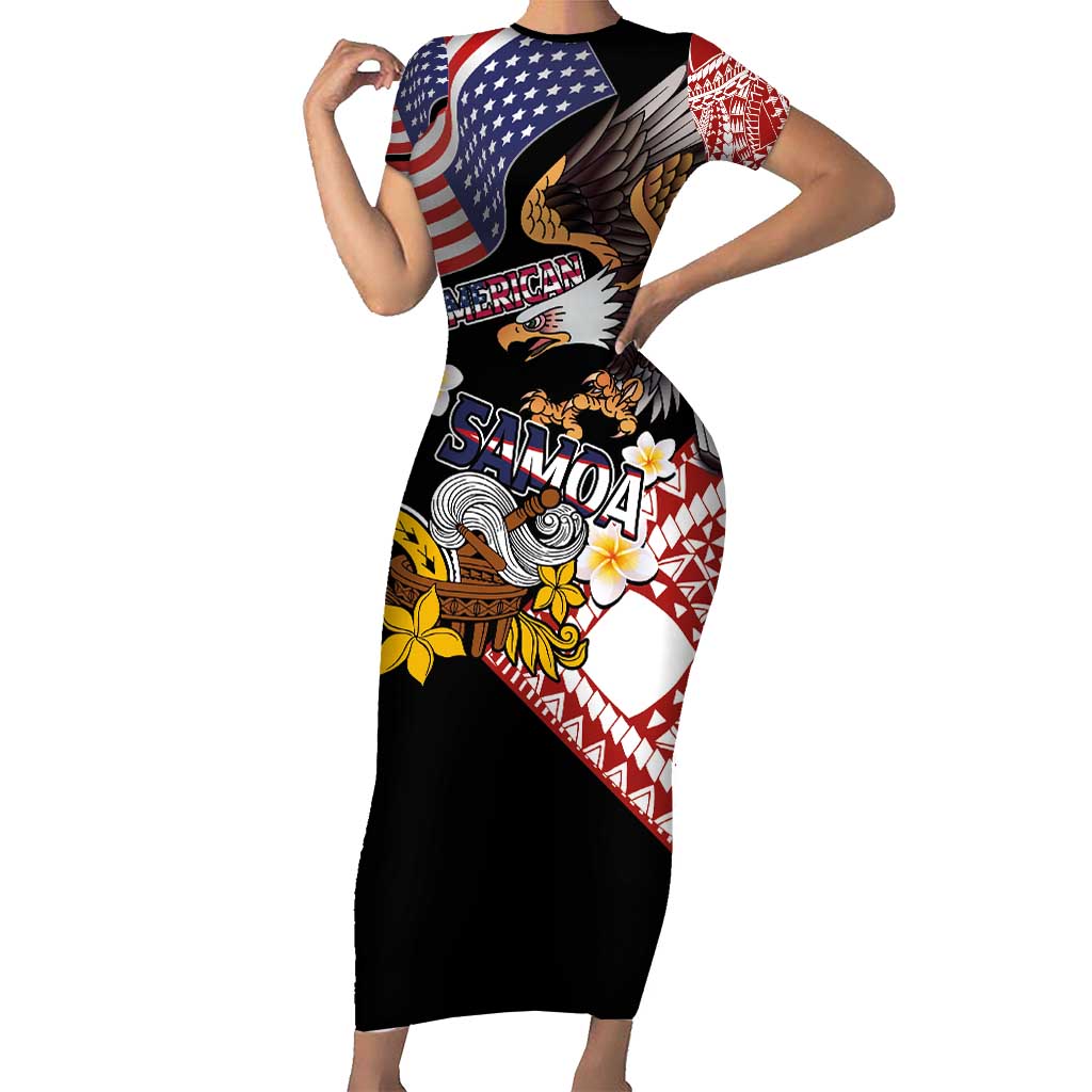 United States and American Samoa Together Family Matching Short Sleeve Bodycon Dress and Hawaiian Shirt Bald Eagle and Polynesian Traditional Culture with Plumeria LT03 Mom's Dress Black - Polynesian Pride