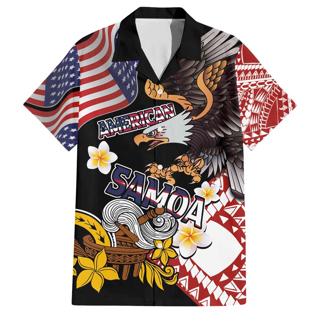 United States and American Samoa Together Family Matching Summer Maxi Dress and Hawaiian Shirt Bald Eagle and Polynesian Traditional Culture with Plumeria LT03 Dad's Shirt - Short Sleeve Black - Polynesian Pride