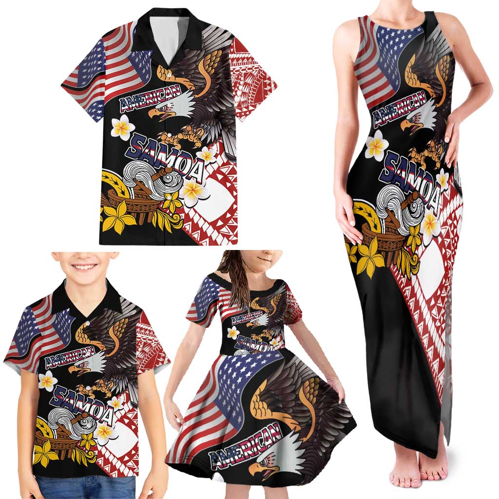 United States and American Samoa Together Family Matching Tank Maxi Dress and Hawaiian Shirt Bald Eagle and Polynesian Traditional Culture with Plumeria LT03 - Polynesian Pride