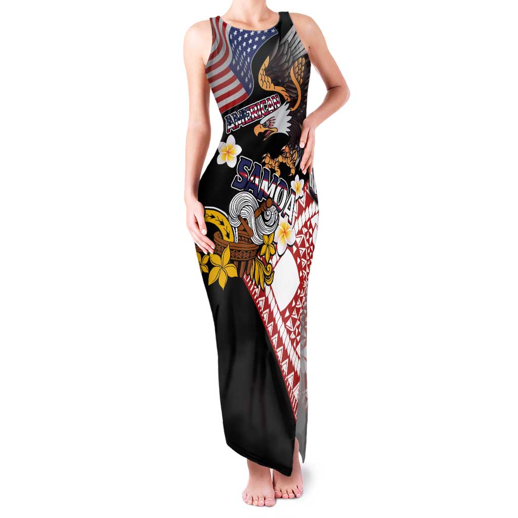 United States and American Samoa Together Family Matching Tank Maxi Dress and Hawaiian Shirt Bald Eagle and Polynesian Traditional Culture with Plumeria LT03 Mom's Dress Black - Polynesian Pride